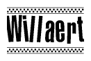The clipart image displays the text Willaert in a bold, stylized font. It is enclosed in a rectangular border with a checkerboard pattern running below and above the text, similar to a finish line in racing. 