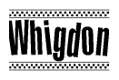 The image contains the text Whigdon in a bold, stylized font, with a checkered flag pattern bordering the top and bottom of the text.