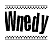 The image is a black and white clipart of the text Wnedy in a bold, italicized font. The text is bordered by a dotted line on the top and bottom, and there are checkered flags positioned at both ends of the text, usually associated with racing or finishing lines.