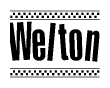 The clipart image displays the text Welton in a bold, stylized font. It is enclosed in a rectangular border with a checkerboard pattern running below and above the text, similar to a finish line in racing. 