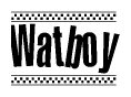The image is a black and white clipart of the text Watboy in a bold, italicized font. The text is bordered by a dotted line on the top and bottom, and there are checkered flags positioned at both ends of the text, usually associated with racing or finishing lines.