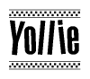 The image contains the text Yollie in a bold, stylized font, with a checkered flag pattern bordering the top and bottom of the text.