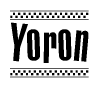 The image is a black and white clipart of the text Yoron in a bold, italicized font. The text is bordered by a dotted line on the top and bottom, and there are checkered flags positioned at both ends of the text, usually associated with racing or finishing lines.