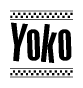 The clipart image displays the text Yoko in a bold, stylized font. It is enclosed in a rectangular border with a checkerboard pattern running below and above the text, similar to a finish line in racing. 