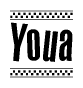 The image is a black and white clipart of the text Youa in a bold, italicized font. The text is bordered by a dotted line on the top and bottom, and there are checkered flags positioned at both ends of the text, usually associated with racing or finishing lines.