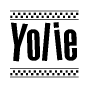 The image contains the text Yolie in a bold, stylized font, with a checkered flag pattern bordering the top and bottom of the text.