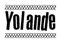 The image contains the text Yolande in a bold, stylized font, with a checkered flag pattern bordering the top and bottom of the text.
