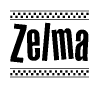 The image is a black and white clipart of the text Zelma in a bold, italicized font. The text is bordered by a dotted line on the top and bottom, and there are checkered flags positioned at both ends of the text, usually associated with racing or finishing lines.