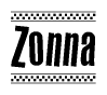 The image contains the text Zonna in a bold, stylized font, with a checkered flag pattern bordering the top and bottom of the text.