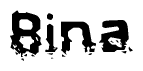 This nametag says Bina, and has a static looking effect at the bottom of the words. The words are in a stylized font.