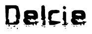 This nametag says Delcie, and has a static looking effect at the bottom of the words. The words are in a stylized font.