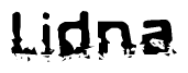 This nametag says Lidna, and has a static looking effect at the bottom of the words. The words are in a stylized font.