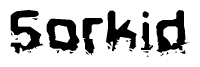 This nametag says Sorkid, and has a static looking effect at the bottom of the words. The words are in a stylized font.