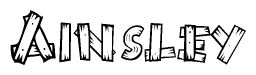 The clipart image shows the name Ainsley stylized to look as if it has been constructed out of wooden planks or logs. Each letter is designed to resemble pieces of wood.