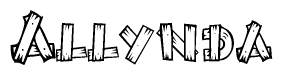 The clipart image shows the name Allynda stylized to look as if it has been constructed out of wooden planks or logs. Each letter is designed to resemble pieces of wood.