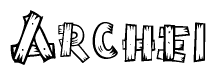 The clipart image shows the name Archei stylized to look like it is constructed out of separate wooden planks or boards, with each letter having wood grain and plank-like details.