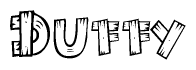 The clipart image shows the name Duffy stylized to look as if it has been constructed out of wooden planks or logs. Each letter is designed to resemble pieces of wood.