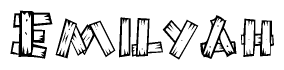 The image contains the name Emilyah written in a decorative, stylized font with a hand-drawn appearance. The lines are made up of what appears to be planks of wood, which are nailed together