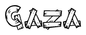 The image contains the name Gaza written in a decorative, stylized font with a hand-drawn appearance. The lines are made up of what appears to be planks of wood, which are nailed together