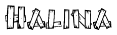 The image contains the name Halina written in a decorative, stylized font with a hand-drawn appearance. The lines are made up of what appears to be planks of wood, which are nailed together