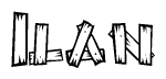 The image contains the name Ilan written in a decorative, stylized font with a hand-drawn appearance. The lines are made up of what appears to be planks of wood, which are nailed together