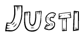 The image contains the name Justi written in a decorative, stylized font with a hand-drawn appearance. The lines are made up of what appears to be planks of wood, which are nailed together