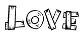 The image contains the name Love written in a decorative, stylized font with a hand-drawn appearance. The lines are made up of what appears to be planks of wood, which are nailed together