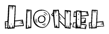 The clipart image shows the name Lionel stylized to look like it is constructed out of separate wooden planks or boards, with each letter having wood grain and plank-like details.