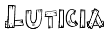 The image contains the name Luticia written in a decorative, stylized font with a hand-drawn appearance. The lines are made up of what appears to be planks of wood, which are nailed together