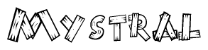 The clipart image shows the name Mystral stylized to look like it is constructed out of separate wooden planks or boards, with each letter having wood grain and plank-like details.