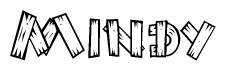 The clipart image shows the name Mindy stylized to look like it is constructed out of separate wooden planks or boards, with each letter having wood grain and plank-like details.