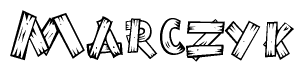 The clipart image shows the name Marczyk stylized to look as if it has been constructed out of wooden planks or logs. Each letter is designed to resemble pieces of wood.