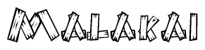 The clipart image shows the name Malakai stylized to look as if it has been constructed out of wooden planks or logs. Each letter is designed to resemble pieces of wood.