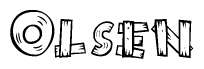 The image contains the name Olsen written in a decorative, stylized font with a hand-drawn appearance. The lines are made up of what appears to be planks of wood, which are nailed together