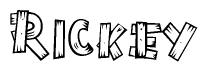 The image contains the name Rickey written in a decorative, stylized font with a hand-drawn appearance. The lines are made up of what appears to be planks of wood, which are nailed together