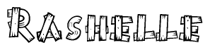 The image contains the name Rashelle written in a decorative, stylized font with a hand-drawn appearance. The lines are made up of what appears to be planks of wood, which are nailed together