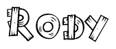 The clipart image shows the name Rody stylized to look like it is constructed out of separate wooden planks or boards, with each letter having wood grain and plank-like details.
