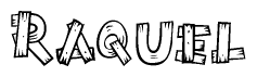 The clipart image shows the name Raquel stylized to look as if it has been constructed out of wooden planks or logs. Each letter is designed to resemble pieces of wood.