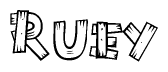 The clipart image shows the name Ruey stylized to look like it is constructed out of separate wooden planks or boards, with each letter having wood grain and plank-like details.