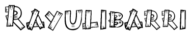 The image contains the name Rayulibarri written in a decorative, stylized font with a hand-drawn appearance. The lines are made up of what appears to be planks of wood, which are nailed together