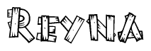 The image contains the name Reyna written in a decorative, stylized font with a hand-drawn appearance. The lines are made up of what appears to be planks of wood, which are nailed together