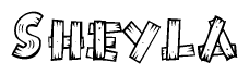 The image contains the name Sheyla written in a decorative, stylized font with a hand-drawn appearance. The lines are made up of what appears to be planks of wood, which are nailed together