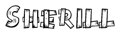 The image contains the name Sherill written in a decorative, stylized font with a hand-drawn appearance. The lines are made up of what appears to be planks of wood, which are nailed together
