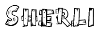 The image contains the name Sherli written in a decorative, stylized font with a hand-drawn appearance. The lines are made up of what appears to be planks of wood, which are nailed together