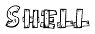 The image contains the name Shell written in a decorative, stylized font with a hand-drawn appearance. The lines are made up of what appears to be planks of wood, which are nailed together