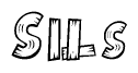 The clipart image shows the name Sils stylized to look as if it has been constructed out of wooden planks or logs. Each letter is designed to resemble pieces of wood.