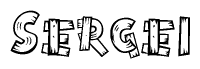 The image contains the name Sergei written in a decorative, stylized font with a hand-drawn appearance. The lines are made up of what appears to be planks of wood, which are nailed together