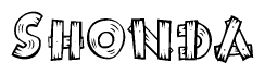 The image contains the name Shonda written in a decorative, stylized font with a hand-drawn appearance. The lines are made up of what appears to be planks of wood, which are nailed together