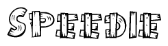 The clipart image shows the name Speedie stylized to look as if it has been constructed out of wooden planks or logs. Each letter is designed to resemble pieces of wood.