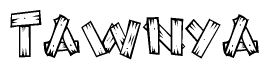 The image contains the name Tawnya written in a decorative, stylized font with a hand-drawn appearance. The lines are made up of what appears to be planks of wood, which are nailed together